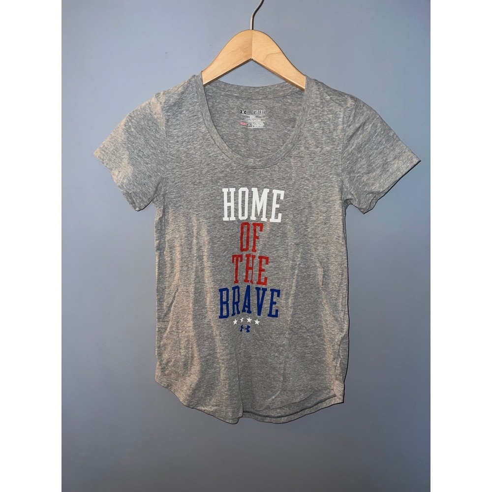 Under Armour Womens XS Gray Home Of The Brave HeatGear Graphic T-Shirt Loose Fit